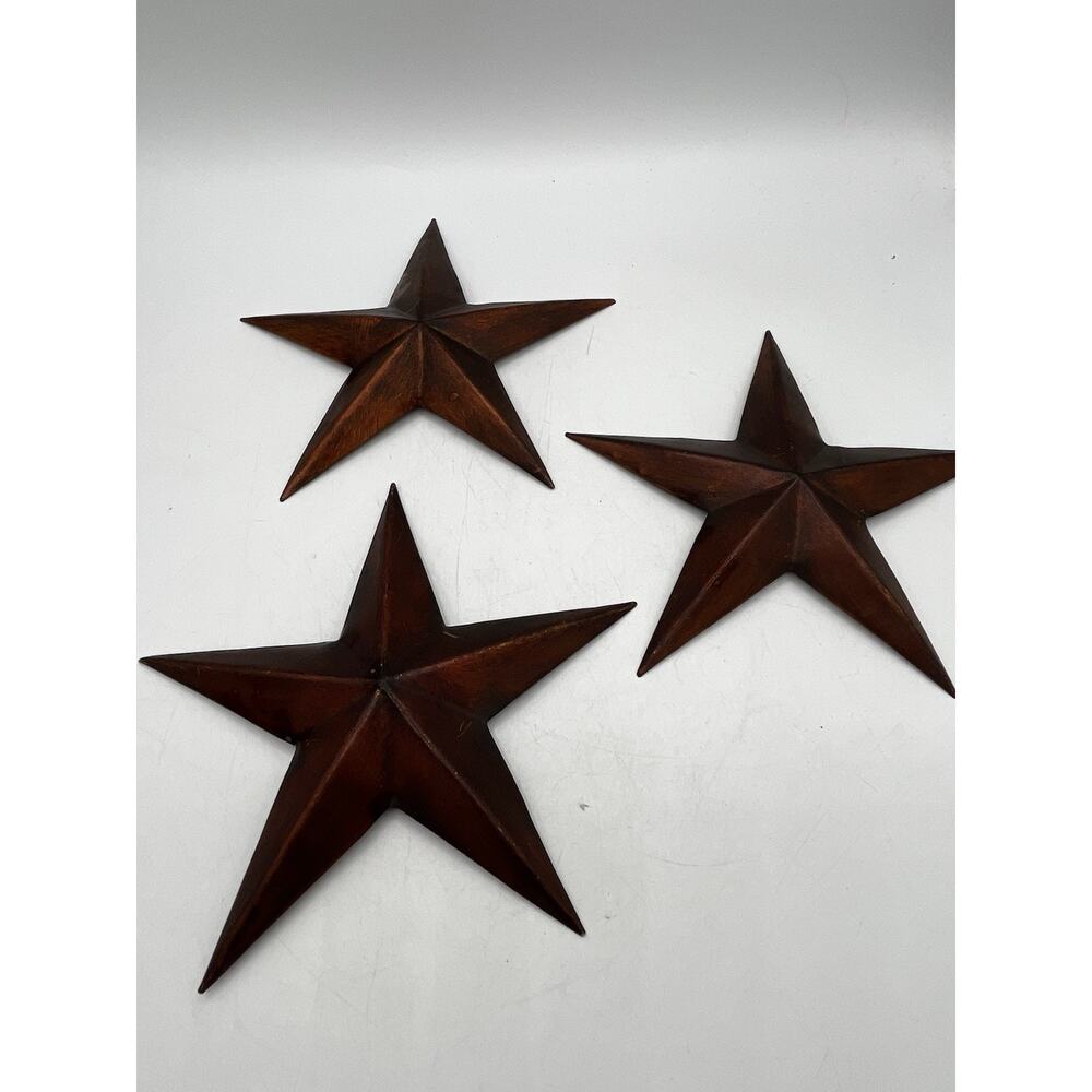 Set of 3 Rustic Metal Barn Stars – 7” Primitive Wall Decor – Brown Finish